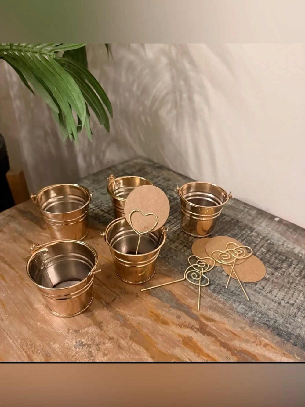 Set of 5 Gold Metal Bucket Favors with 5 Tags.